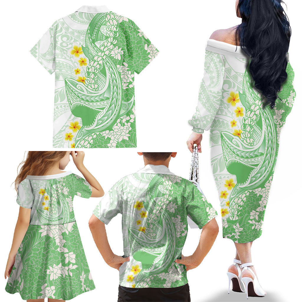 Green Hawaii Shark Tattoo Family Matching Off The Shoulder Long Sleeve Dress and Hawaiian Shirt Puakenikeni Lei Plumeria Polynesian Pattern LT14 - Polynesian Pride
