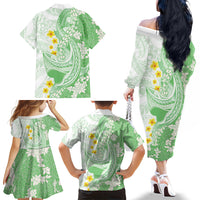 Green Hawaii Shark Tattoo Family Matching Off The Shoulder Long Sleeve Dress and Hawaiian Shirt Puakenikeni Lei Plumeria Polynesian Pattern LT14 - Polynesian Pride