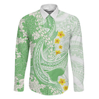 Green Hawaii Shark Tattoo Family Matching Off The Shoulder Long Sleeve Dress and Hawaiian Shirt Puakenikeni Lei Plumeria Polynesian Pattern LT14 Dad's Shirt - Long Sleeve Green - Polynesian Pride