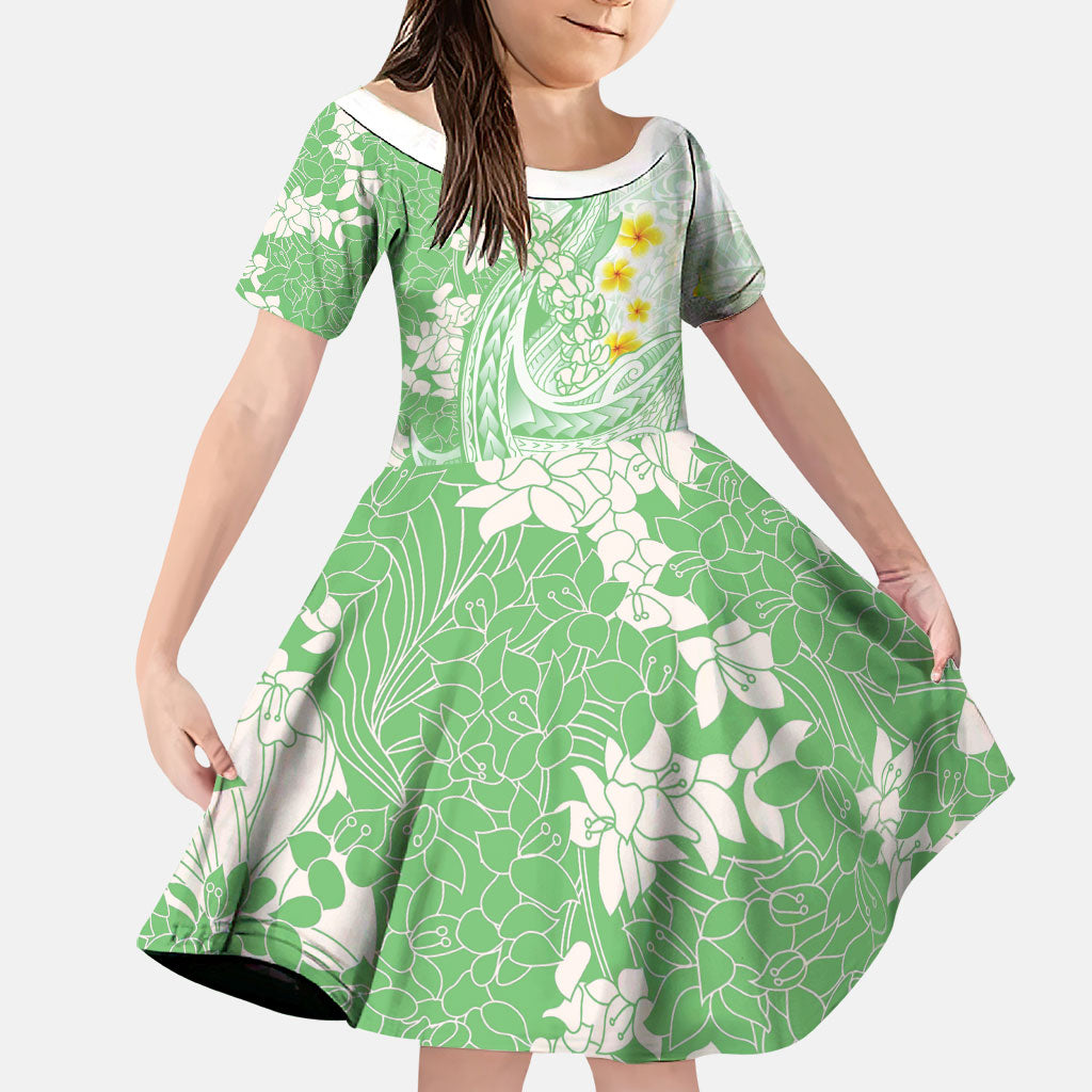 Green Hawaii Shark Tattoo Family Matching Off Shoulder Maxi Dress and Hawaiian Shirt Puakenikeni Lei Plumeria Polynesian Pattern LT14 Daughter's Dress Green - Polynesian Pride
