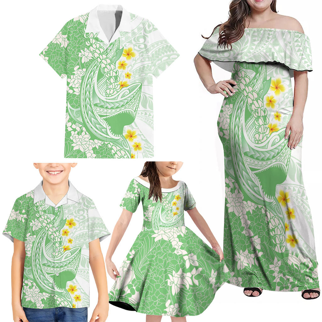 Green Hawaii Shark Tattoo Family Matching Off Shoulder Maxi Dress and Hawaiian Shirt Puakenikeni Lei Plumeria Polynesian Pattern LT14 - Polynesian Pride