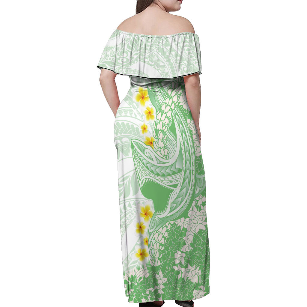 Green Hawaii Shark Tattoo Family Matching Off Shoulder Maxi Dress and Hawaiian Shirt Puakenikeni Lei Plumeria Polynesian Pattern LT14 - Polynesian Pride