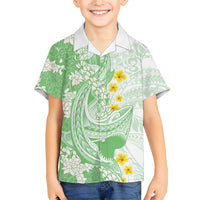 Green Hawaii Shark Tattoo Family Matching Off Shoulder Maxi Dress and Hawaiian Shirt Puakenikeni Lei Plumeria Polynesian Pattern LT14 Son's Shirt Green - Polynesian Pride