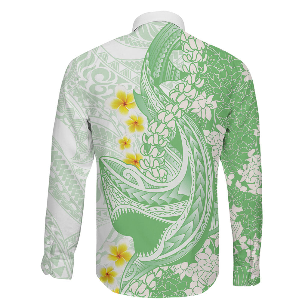 Green Hawaii Shark Tattoo Family Matching Short Sleeve Bodycon Dress and Hawaiian Shirt Puakenikeni Lei Plumeria Polynesian Pattern LT14 - Polynesian Pride