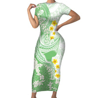 Green Hawaii Shark Tattoo Family Matching Short Sleeve Bodycon Dress and Hawaiian Shirt Puakenikeni Lei Plumeria Polynesian Pattern LT14 Mom's Dress Green - Polynesian Pride