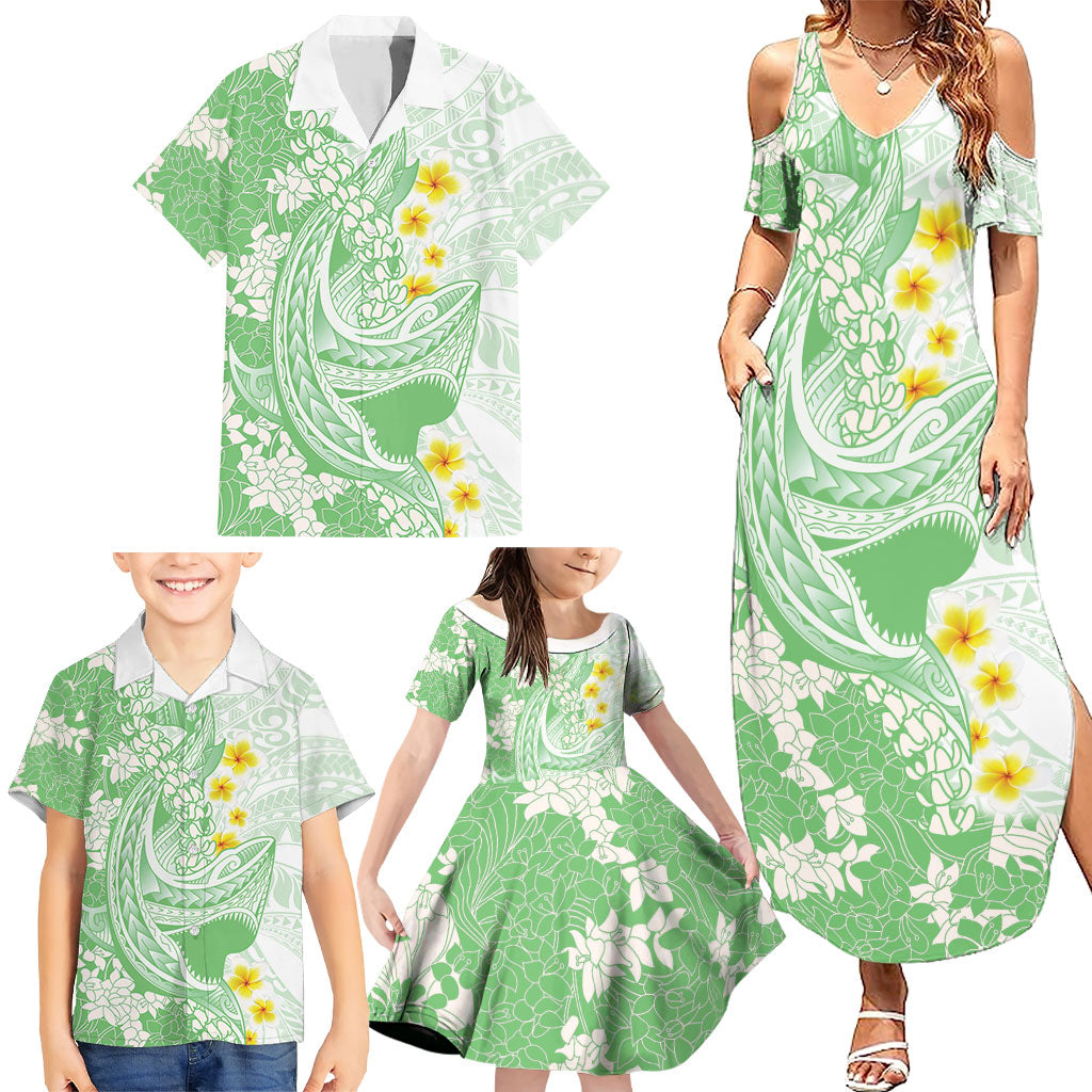 Green Hawaii Shark Tattoo Family Matching Summer Maxi Dress and Hawaiian Shirt Puakenikeni Lei Plumeria Polynesian Pattern LT14 - Polynesian Pride