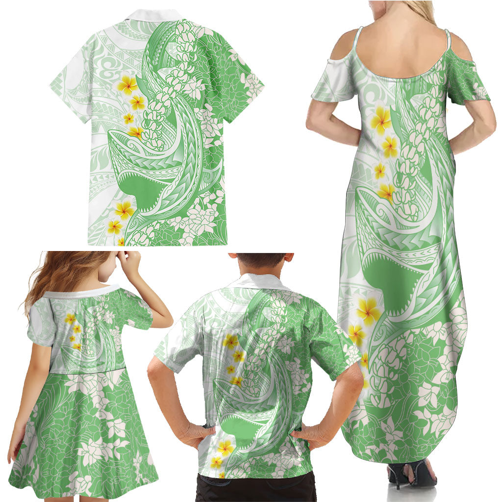 Green Hawaii Shark Tattoo Family Matching Summer Maxi Dress and Hawaiian Shirt Puakenikeni Lei Plumeria Polynesian Pattern LT14 - Polynesian Pride