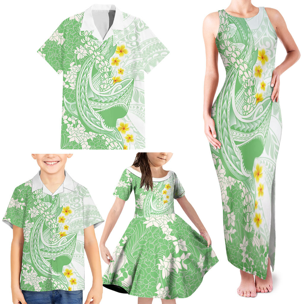 Green Hawaii Shark Tattoo Family Matching Tank Maxi Dress and Hawaiian Shirt Puakenikeni Lei Plumeria Polynesian Pattern