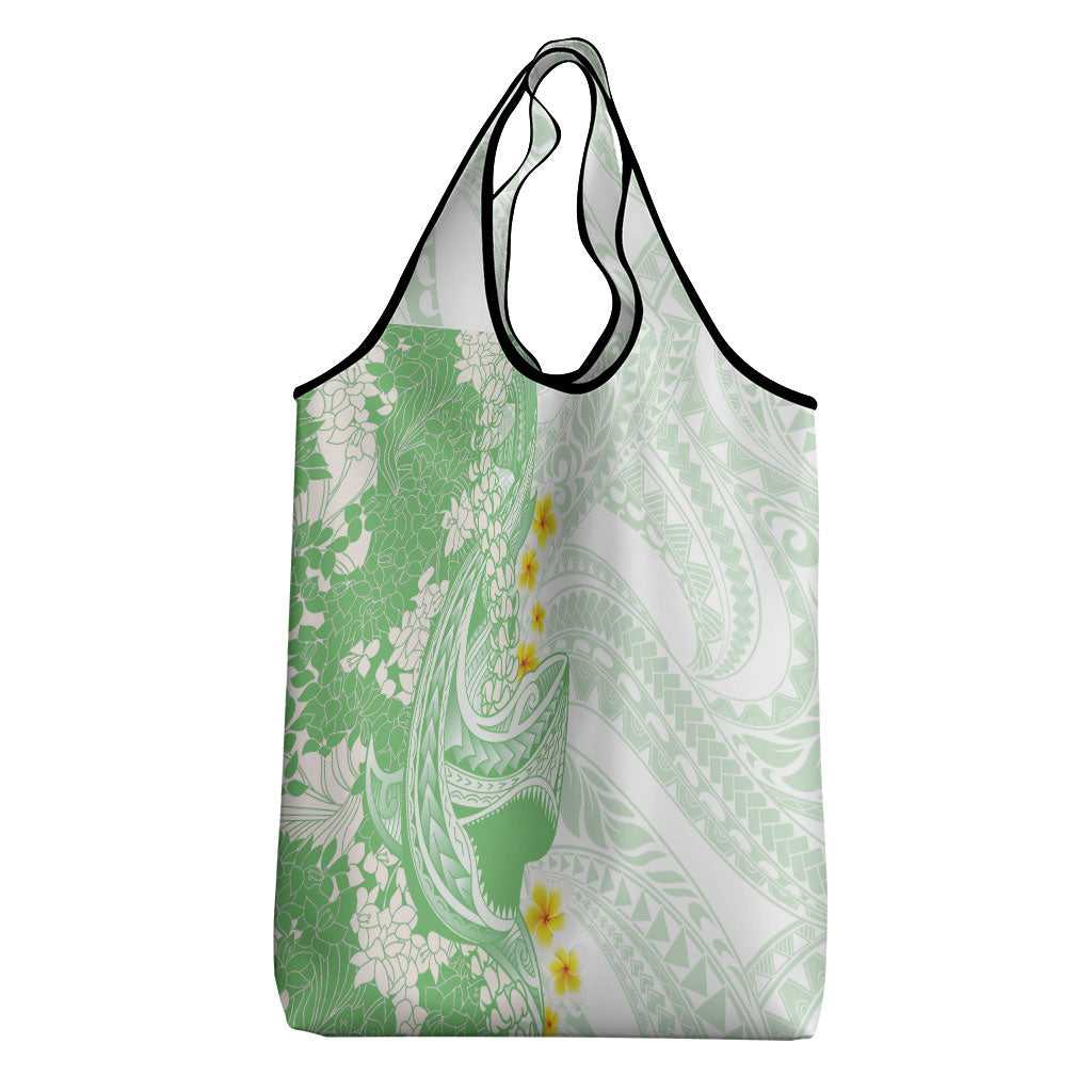Green Hawaii Shark Tattoo Grocery Bag Puakenikeni Lei Plumeria Polynesian Pattern