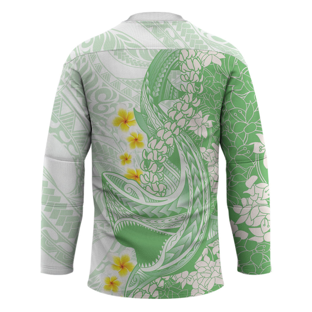 Green Hawaii Shark Tattoo Hockey Jersey Puakenikeni Lei Plumeria Polynesian Pattern