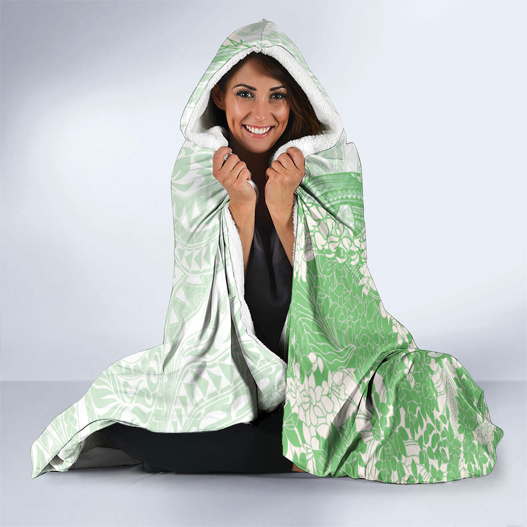 Green Hawaii Shark Tattoo Hooded Blanket Puakenikeni Lei Plumeria Polynesian Pattern