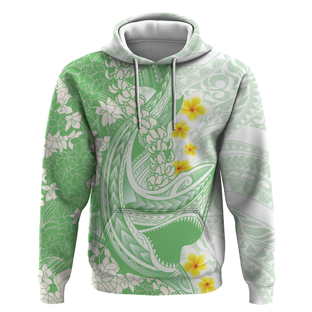 Green Hawaii Shark Tattoo Hoodie Puakenikeni Lei Plumeria Polynesian Pattern