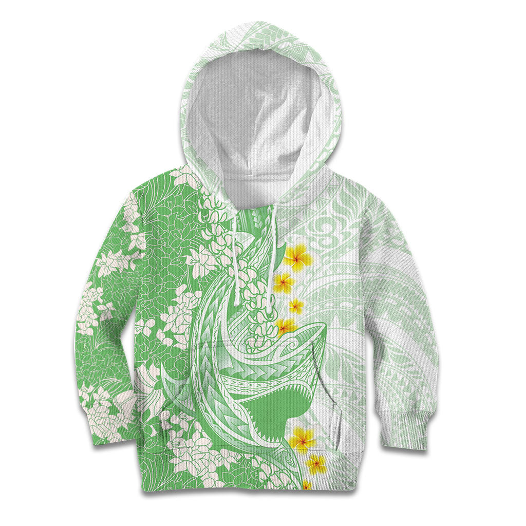 Green Hawaii Shark Tattoo Kid Hoodie Puakenikeni Lei Plumeria Polynesian Pattern