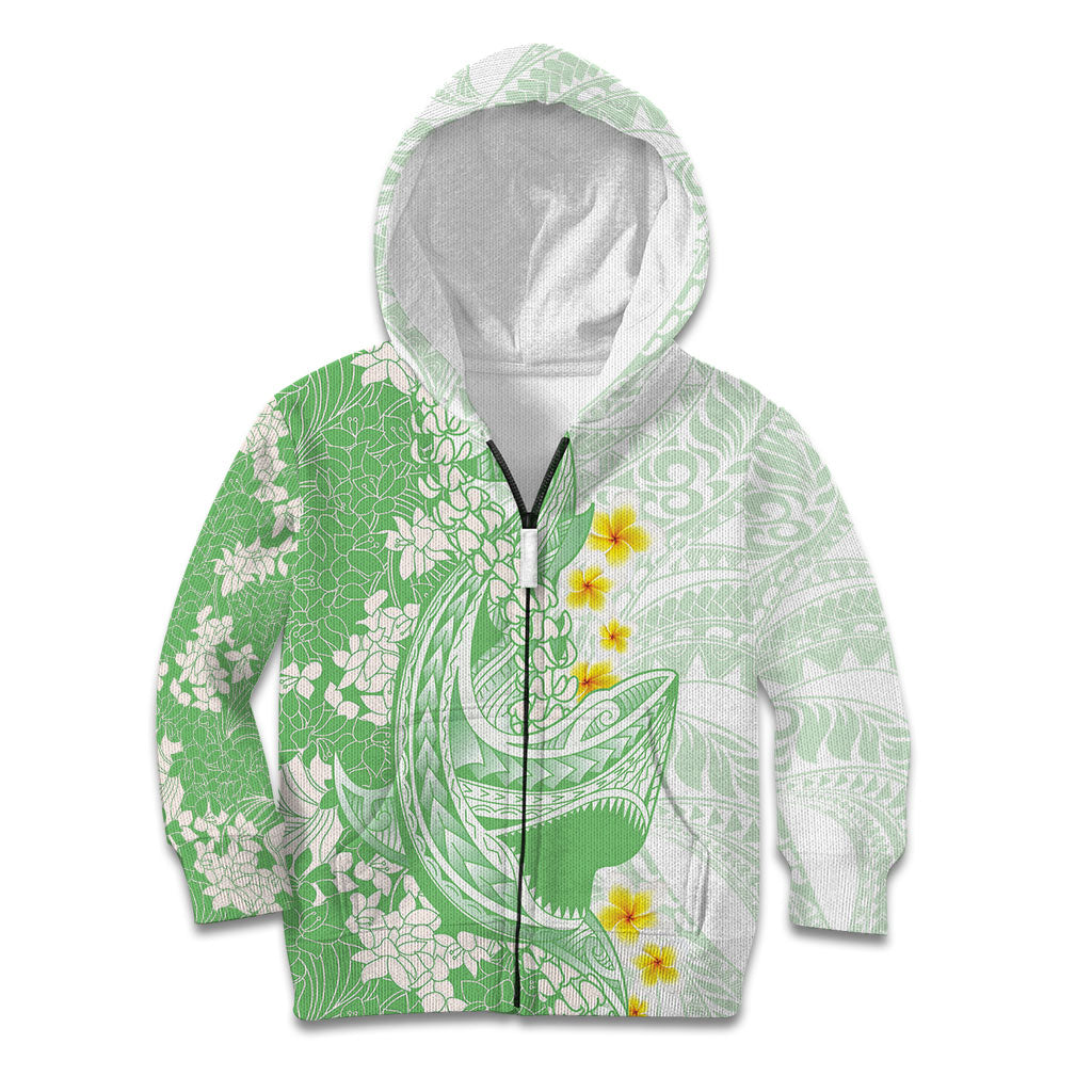 Green Hawaii Shark Tattoo Kid Hoodie Puakenikeni Lei Plumeria Polynesian Pattern