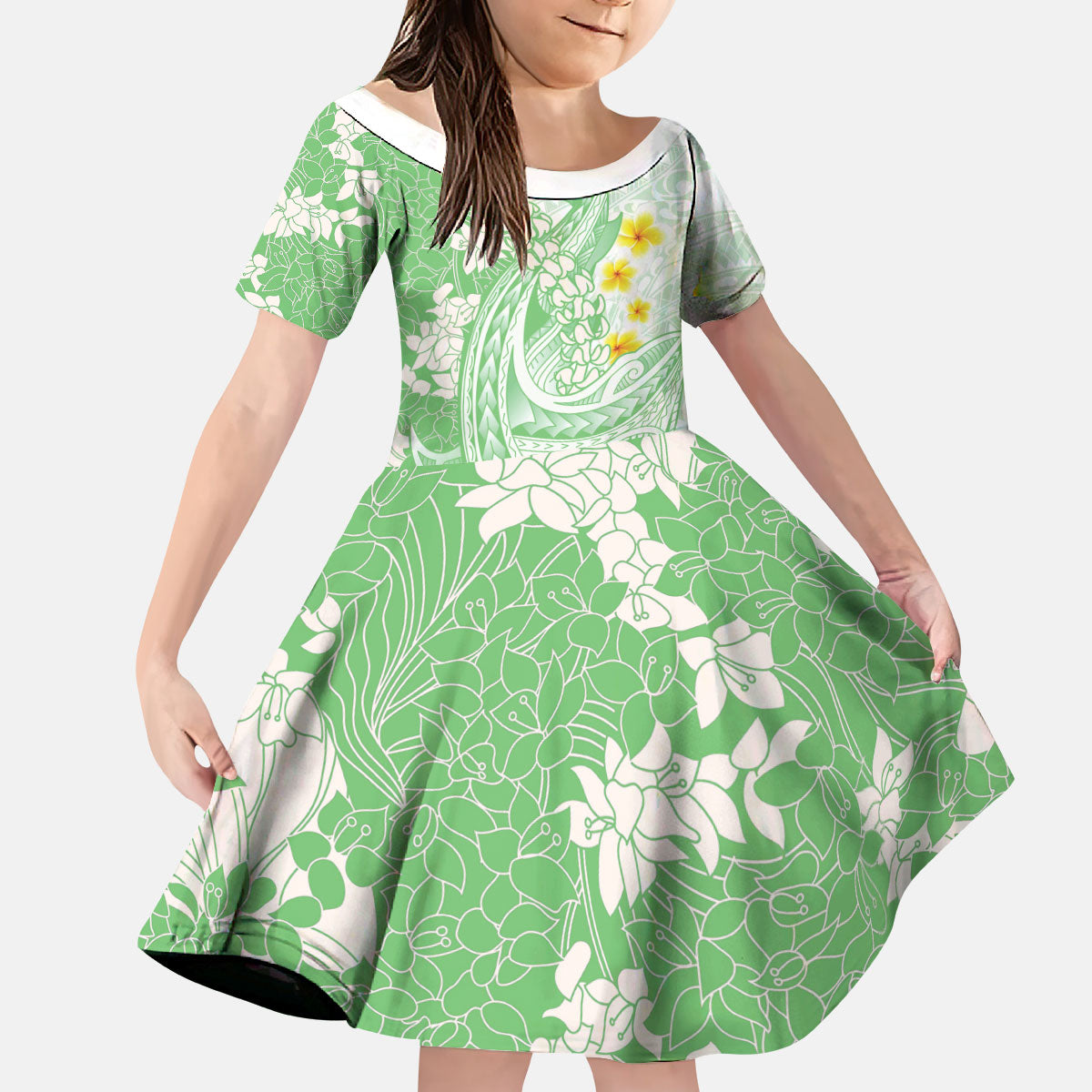 Green Hawaii Shark Tattoo Kid Short Sleeve Dress Puakenikeni Lei Plumeria Polynesian Pattern