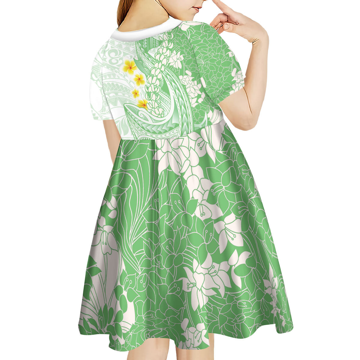 Green Hawaii Shark Tattoo Kid Short Sleeve Dress Puakenikeni Lei Plumeria Polynesian Pattern