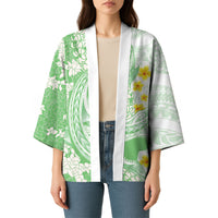 Green Hawaii Shark Tattoo Kimono Puakenikeni Lei Plumeria Polynesian Pattern