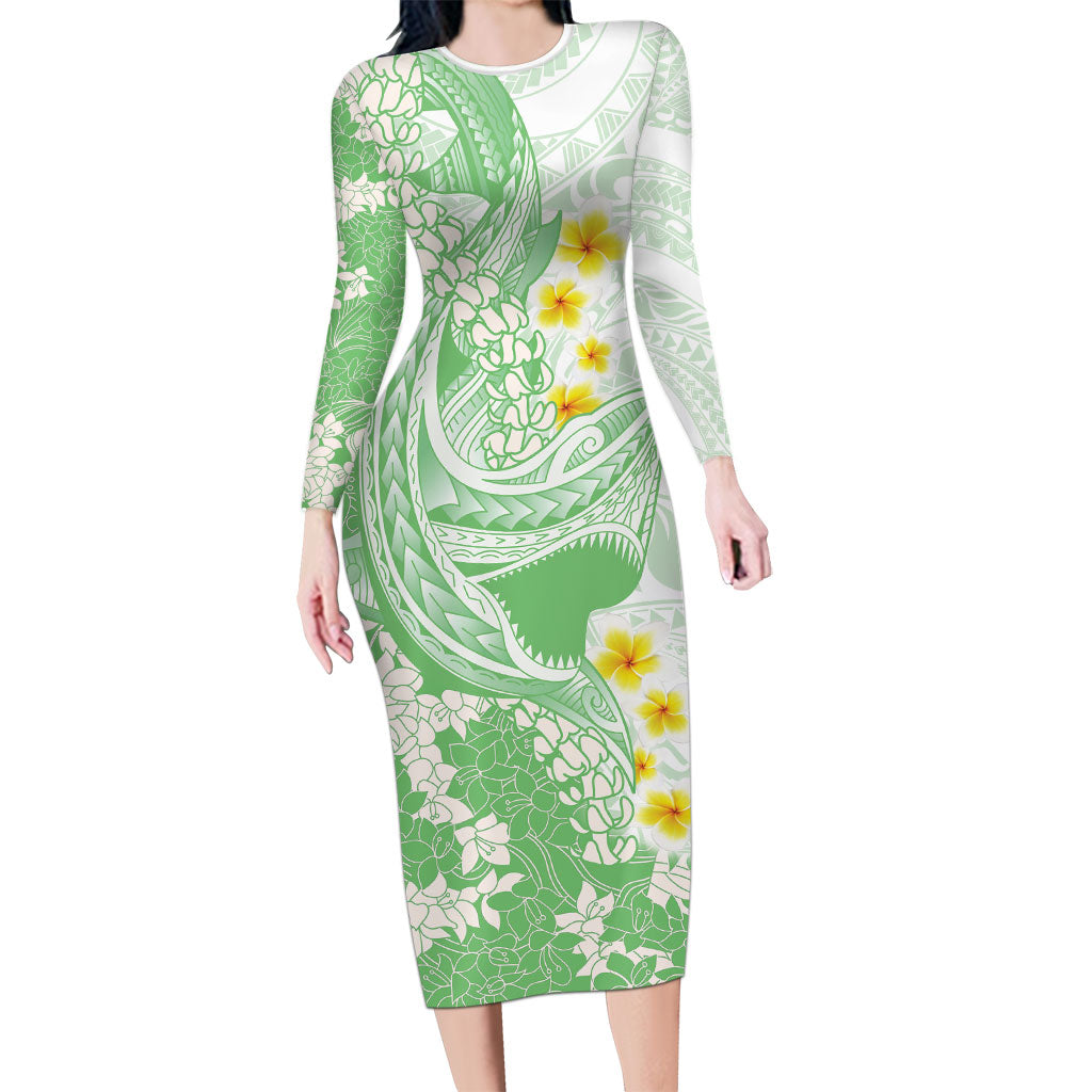 Green Hawaii Shark Tattoo Long Sleeve Bodycon Dress Puakenikeni Lei Plumeria Polynesian Pattern