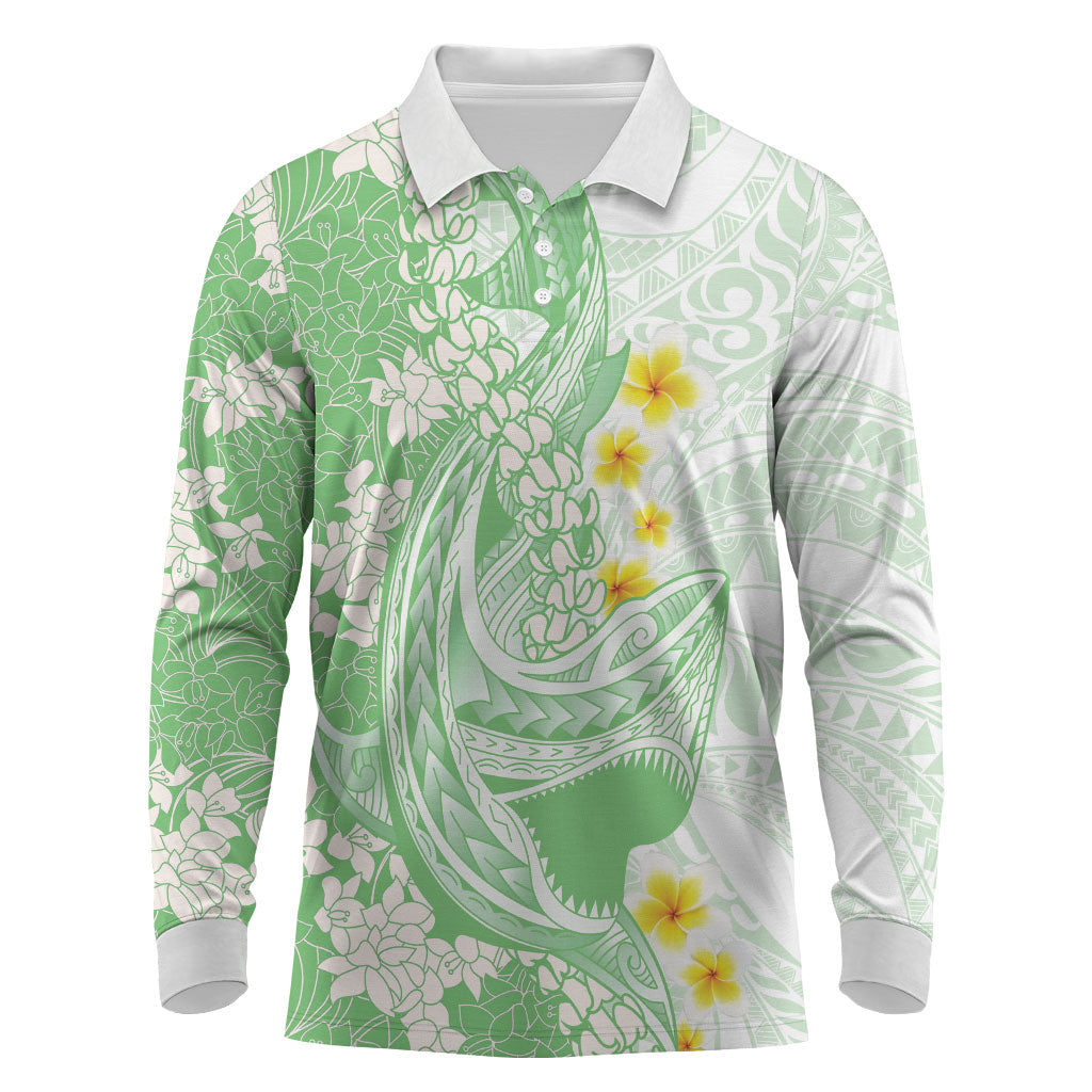 Green Hawaii Shark Tattoo Long Sleeve Polo Shirt Puakenikeni Lei Plumeria Polynesian Pattern