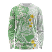 Green Hawaii Shark Tattoo Long Sleeve Shirt Puakenikeni Lei Plumeria Polynesian Pattern