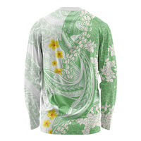 Green Hawaii Shark Tattoo Long Sleeve Shirt Puakenikeni Lei Plumeria Polynesian Pattern