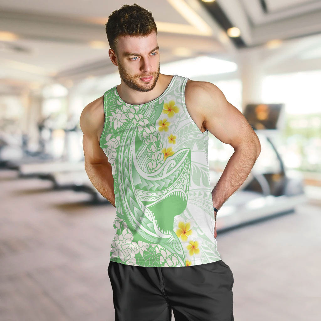Green Hawaii Shark Tattoo Men Tank Top Puakenikeni Lei Plumeria Polynesian Pattern