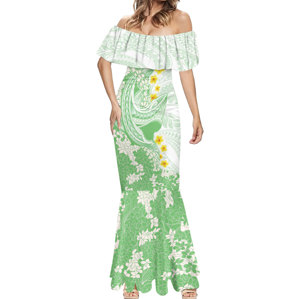 Green Hawaii Shark Tattoo Mermaid Dress Puakenikeni Lei Plumeria Polynesian Pattern