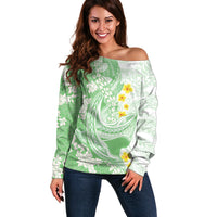 Green Hawaii Shark Tattoo Off Shoulder Sweater Puakenikeni Lei Plumeria Polynesian Pattern