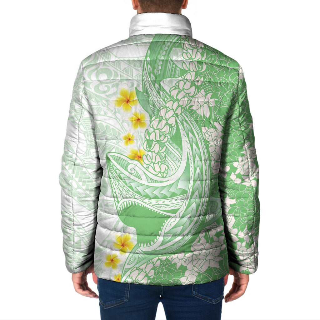 Green Hawaii Shark Tattoo Padded Jacket Puakenikeni Lei Plumeria Polynesian Pattern