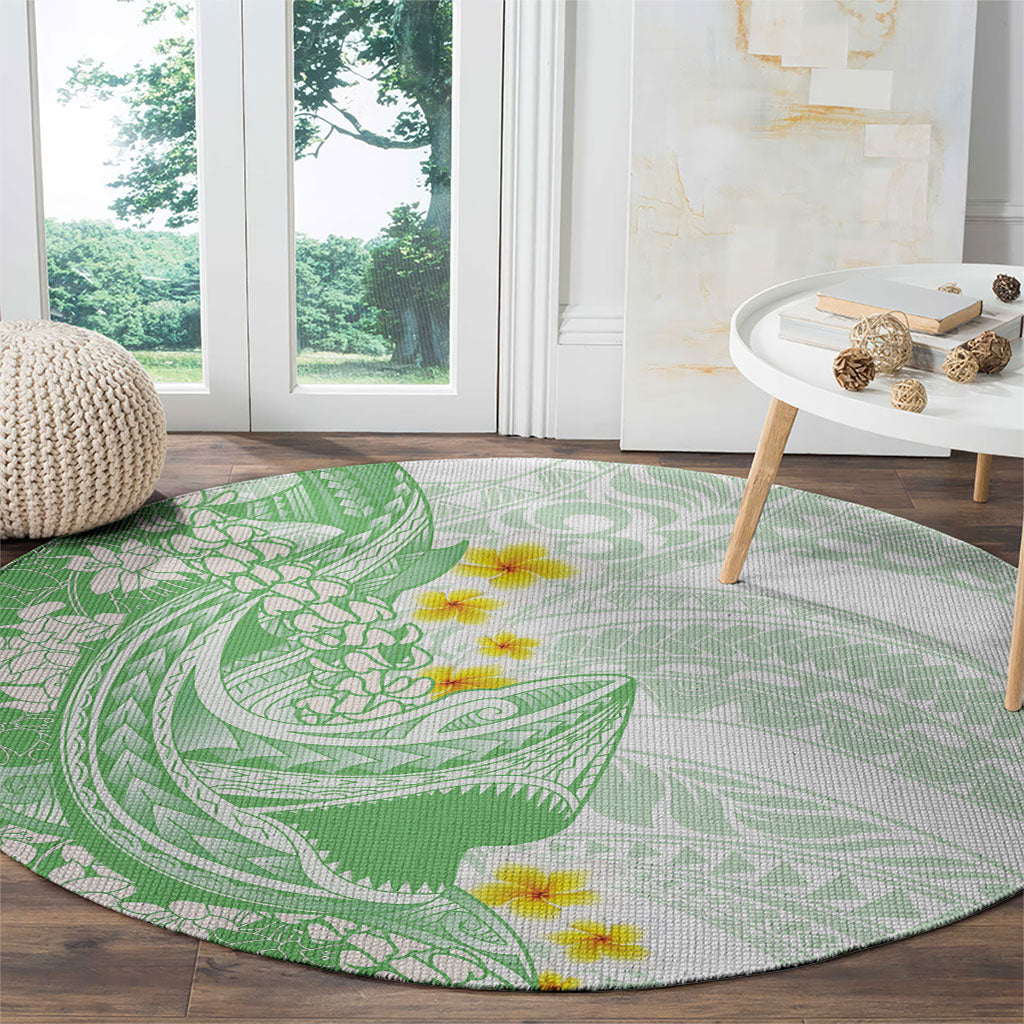 Green Hawaii Shark Tattoo Round Carpet Puakenikeni Lei Plumeria Polynesian Pattern