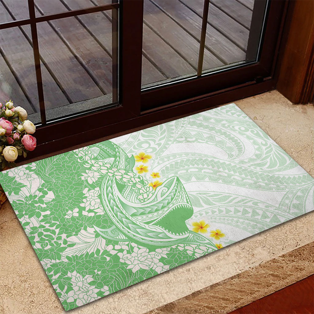 Green Hawaii Shark Tattoo Rubber Doormat Puakenikeni Lei Plumeria Polynesian Pattern