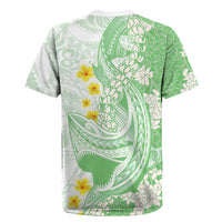 Green Hawaii Shark Tattoo Rugby Jersey Puakenikeni Lei Plumeria Polynesian Pattern