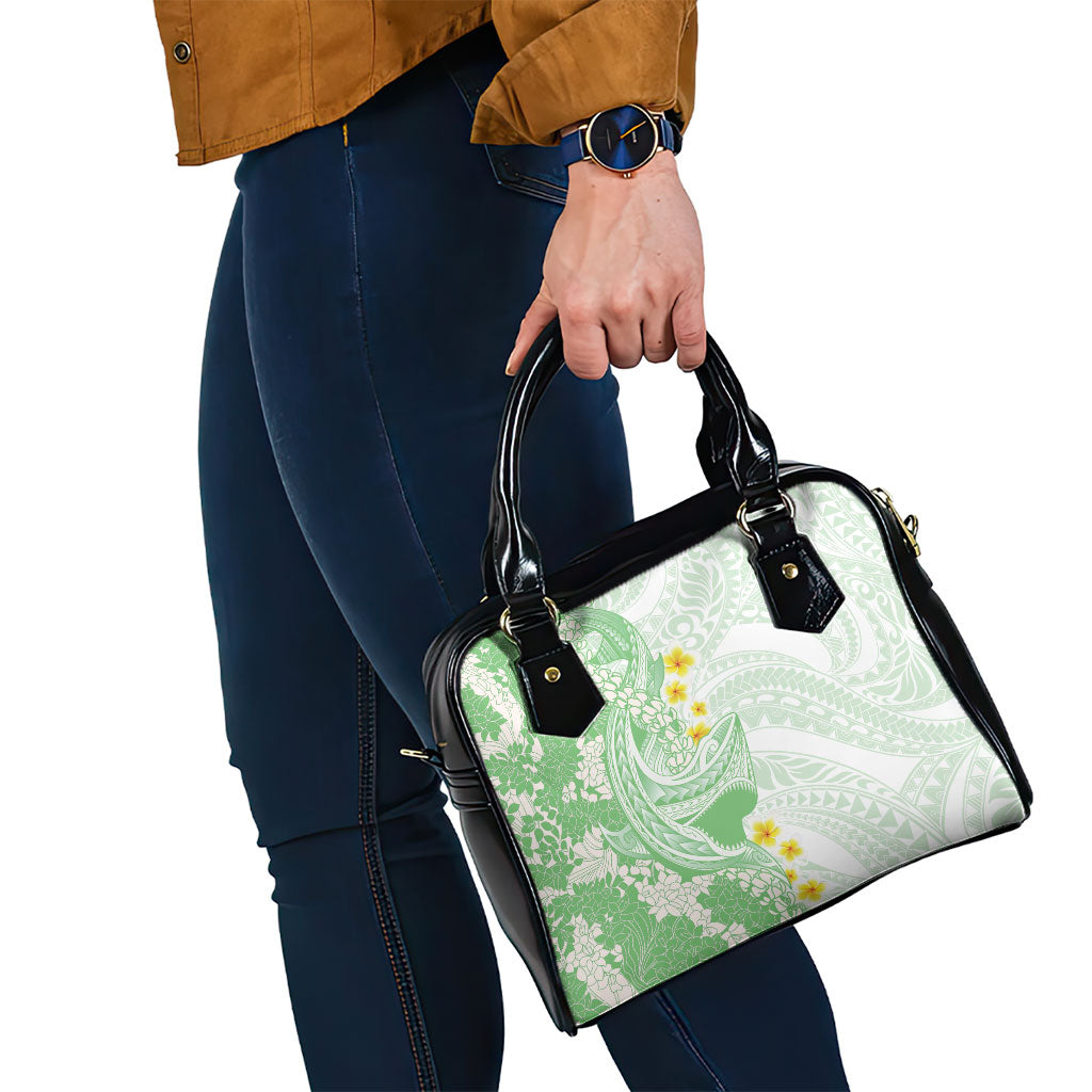 Green Hawaii Shark Tattoo Shoulder Handbag Puakenikeni Lei Plumeria Polynesian Pattern
