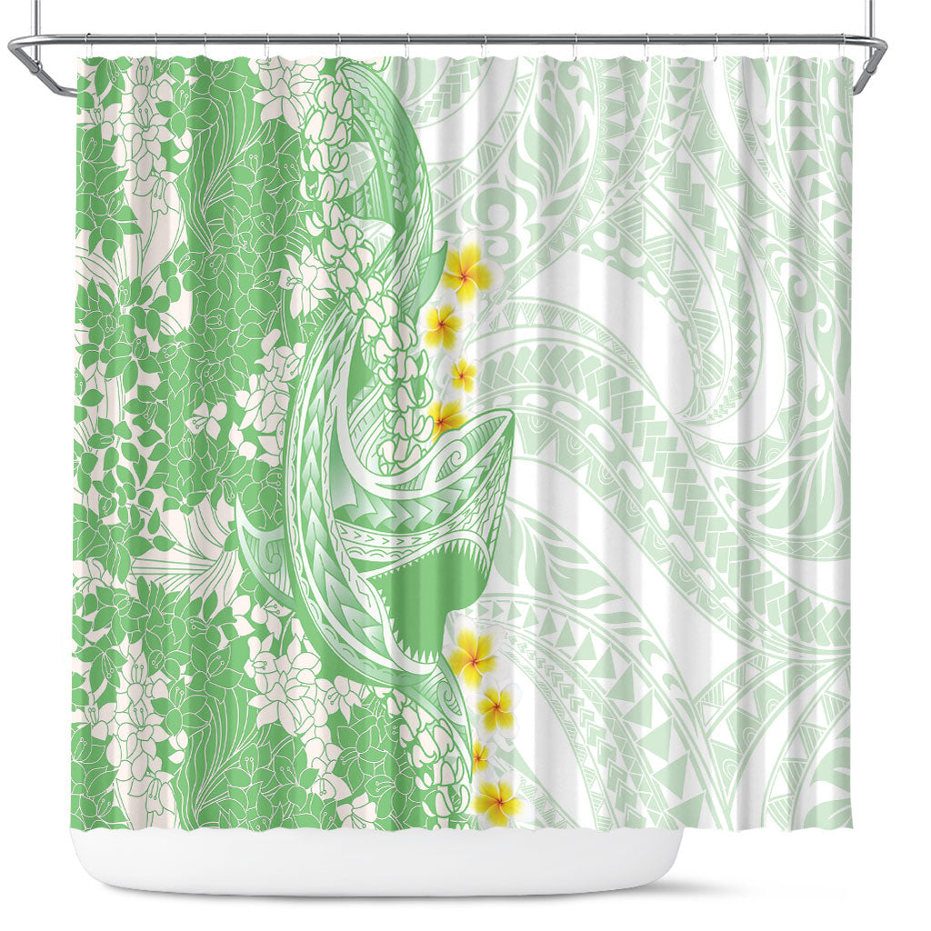 Green Hawaii Shark Tattoo Shower Curtain Puakenikeni Lei Plumeria Polynesian Pattern