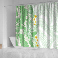 Green Hawaii Shark Tattoo Shower Curtain Puakenikeni Lei Plumeria Polynesian Pattern