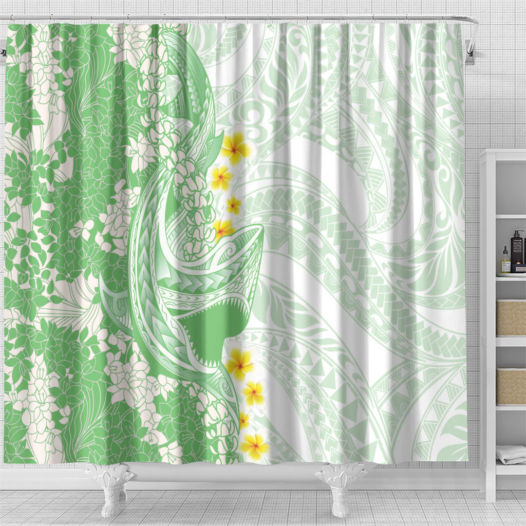 Green Hawaii Shark Tattoo Shower Curtain Puakenikeni Lei Plumeria Polynesian Pattern