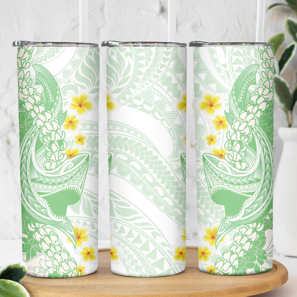Green Hawaii Shark Tattoo Skinny Tumbler Puakenikeni Lei Plumeria Polynesian Pattern