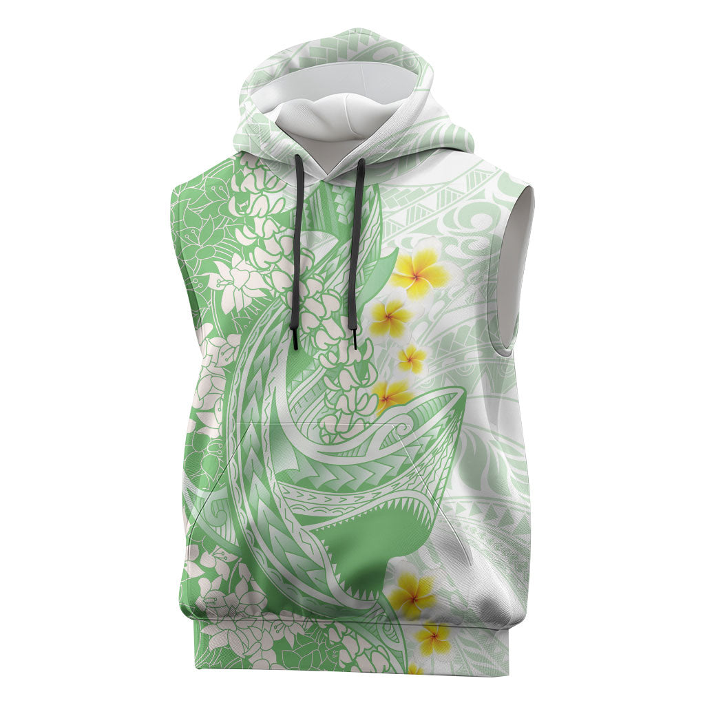 Green Hawaii Shark Tattoo Sleeveless Hoodie Puakenikeni Lei Plumeria Polynesian Pattern