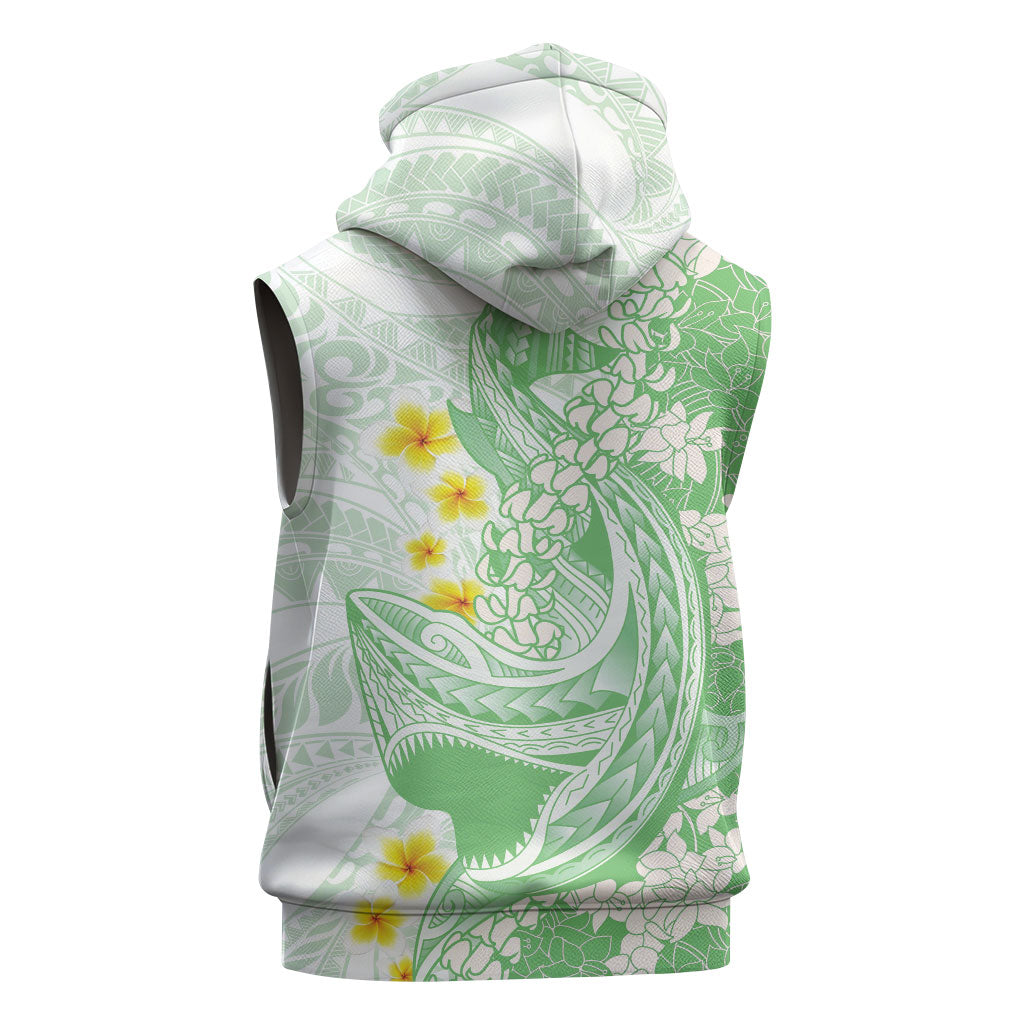 Green Hawaii Shark Tattoo Sleeveless Hoodie Puakenikeni Lei Plumeria Polynesian Pattern