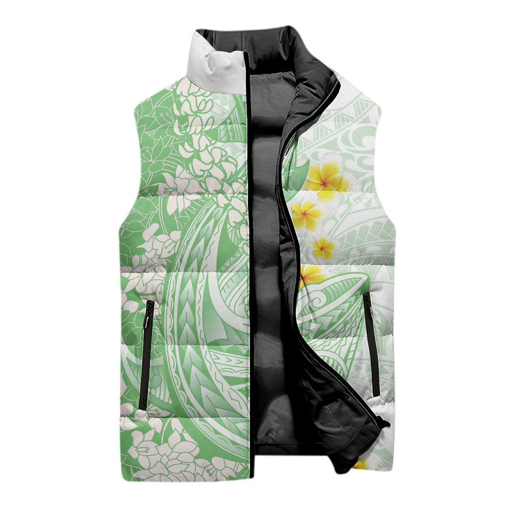 Green Hawaii Shark Tattoo Sleeveless Puffer Jacket Puakenikeni Lei Plumeria Polynesian Pattern