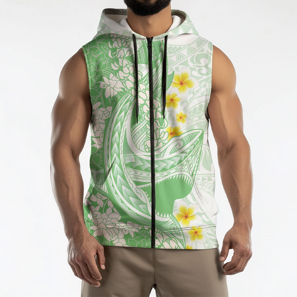 Green Hawaii Shark Tattoo Sleeveless Zip Hoodie Puakenikeni Lei Plumeria Polynesian Pattern