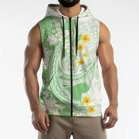 Green Hawaii Shark Tattoo Sleeveless Zip Hoodie Puakenikeni Lei Plumeria Polynesian Pattern