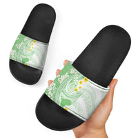 Green Hawaii Shark Tattoo Slide Sandals Puakenikeni Lei Plumeria Polynesian Pattern