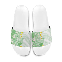 Green Hawaii Shark Tattoo Slide Sandals Puakenikeni Lei Plumeria Polynesian Pattern