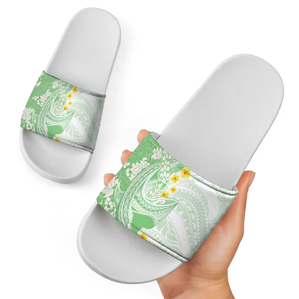 Green Hawaii Shark Tattoo Slide Sandals Puakenikeni Lei Plumeria Polynesian Pattern