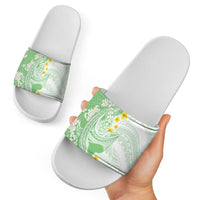 Green Hawaii Shark Tattoo Slide Sandals Puakenikeni Lei Plumeria Polynesian Pattern
