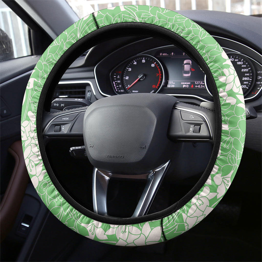 Green Hawaii Shark Tattoo Steering Wheel Cover Puakenikeni Lei Plumeria Polynesian Pattern
