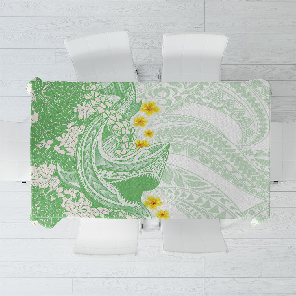 Green Hawaii Shark Tattoo Tablecloth Puakenikeni Lei Plumeria Polynesian Pattern