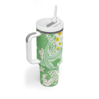 Green Hawaii Shark Tattoo Tumbler With Handle Puakenikeni Lei Plumeria Polynesian Pattern
