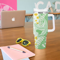 Green Hawaii Shark Tattoo Tumbler With Handle Puakenikeni Lei Plumeria Polynesian Pattern